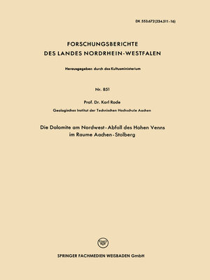 cover image of Die Dolomite am Nordwest-Abfall des Hohen Venns im Raume Aachen-Stolberg